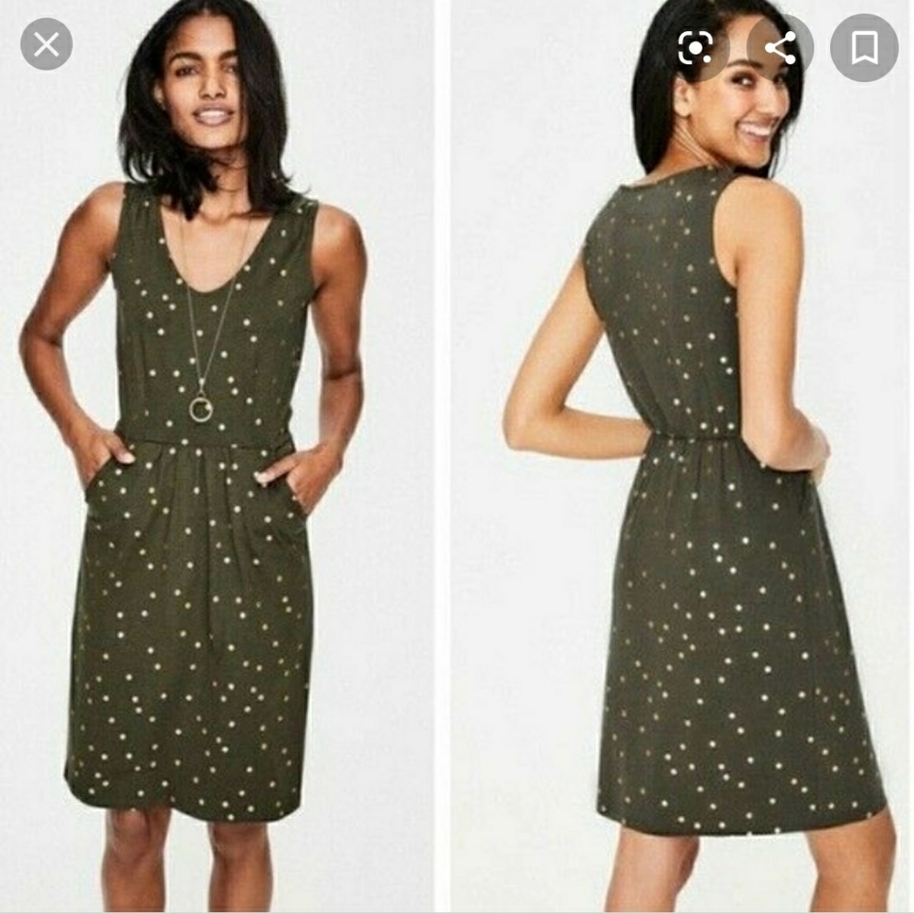 Boden Melinda Green Jersey Dress with Gold Dots
